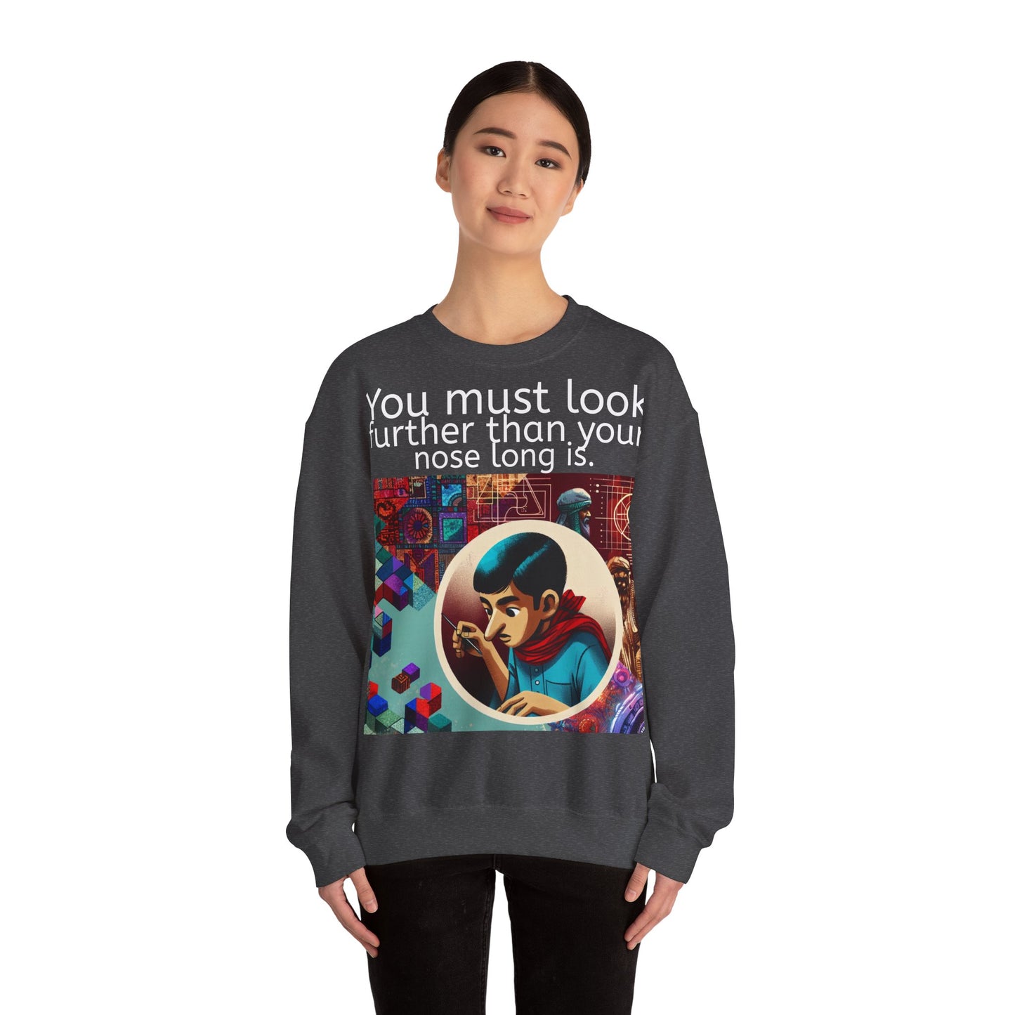 Grappige Unisex Katoenen/ Polyester Sweater Sweatshirt - Look further nose long - Pun Funny Dutch Shirt Language Gift Idea Spreekwoord Funny