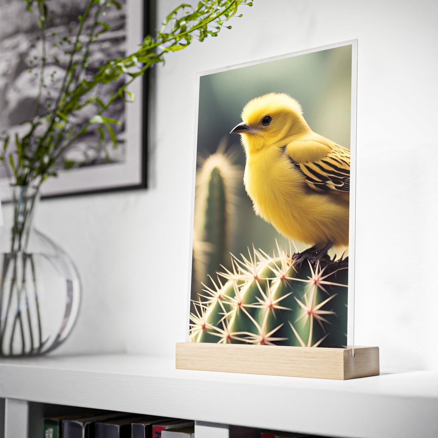 Acrylic Sign, Natural Bird Cacti Design, Home Office Decor Trend, Beautiful Country Style, Gift, Desk, Bureau Cadeu Idee Vogel Cactus