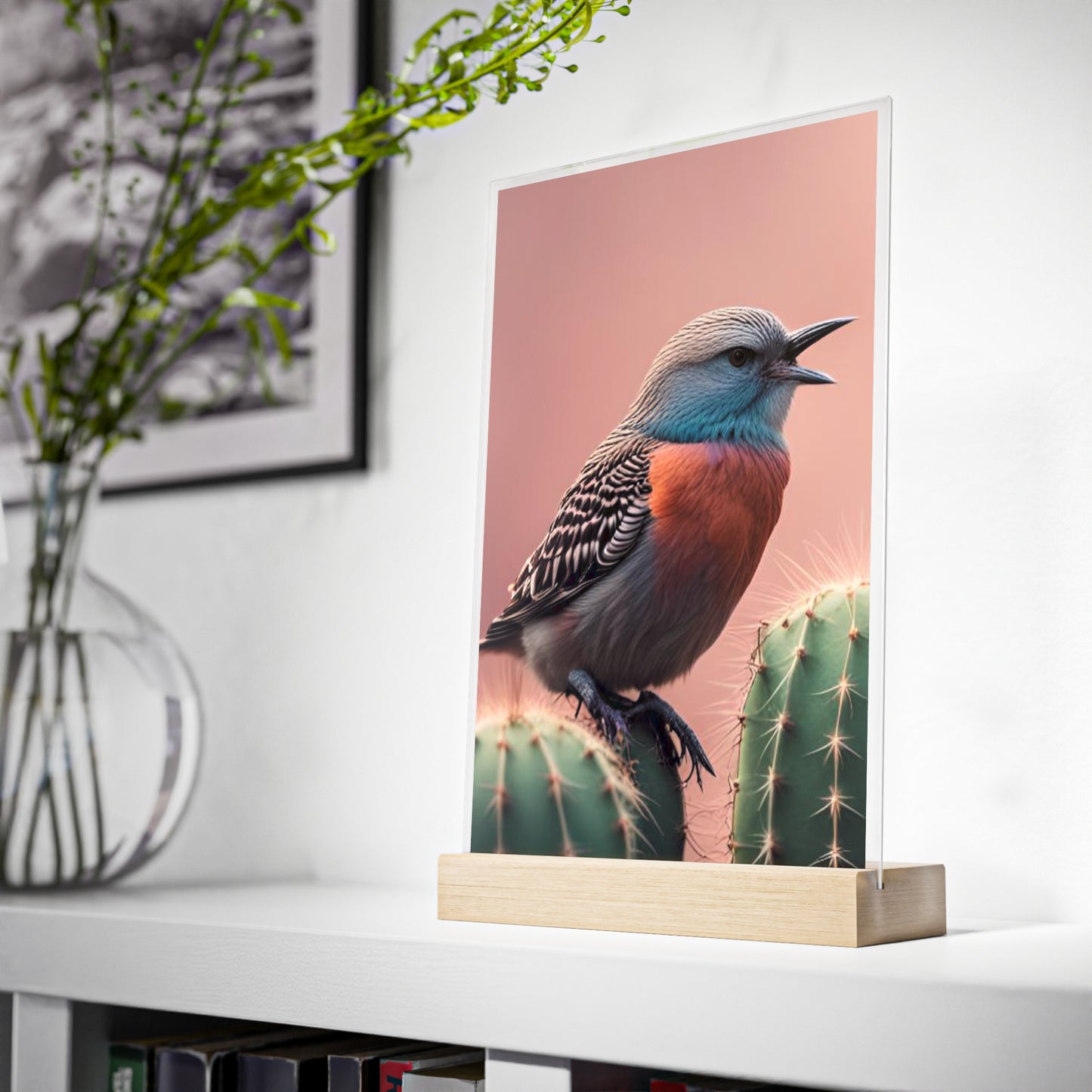 Acrylic Sign, Natural Bird Cacti Design, Home Office Decor Trend, Beautiful Country Style, Gift, Desk, Bureau Cadeu Idee Vogel Cactus
