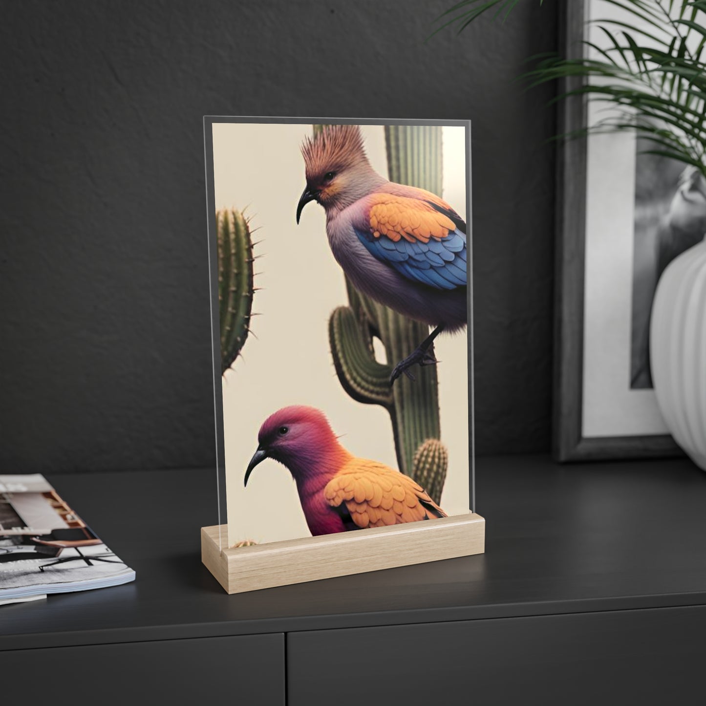 Acrylic Sign, Natural Bird Cacti Design, Home Office Decor Trend, Beautiful Country Style, Gift, Desk, Bureau Cadeu Idee Vogel Cactus