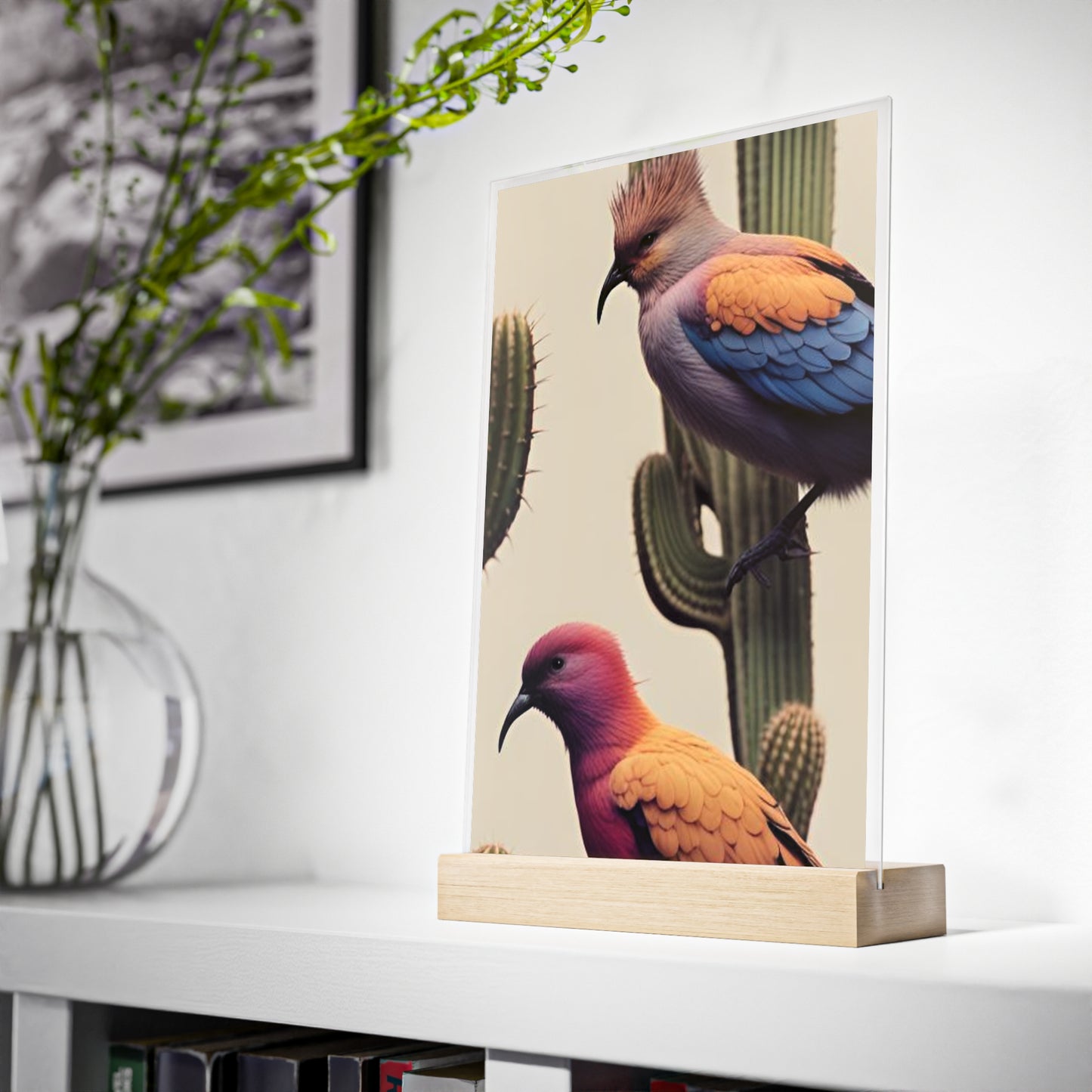 Acrylic Sign, Natural Bird Cacti Design, Home Office Decor Trend, Beautiful Country Style, Gift, Desk, Bureau Cadeu Idee Vogel Cactus