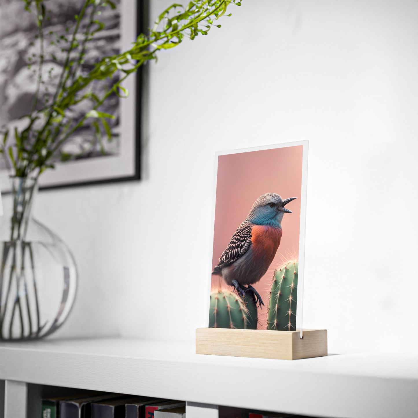 Acrylic Sign, Natural Bird Cacti Design, Home Office Decor Trend, Beautiful Country Style, Gift, Desk, Bureau Cadeu Idee Vogel Cactus