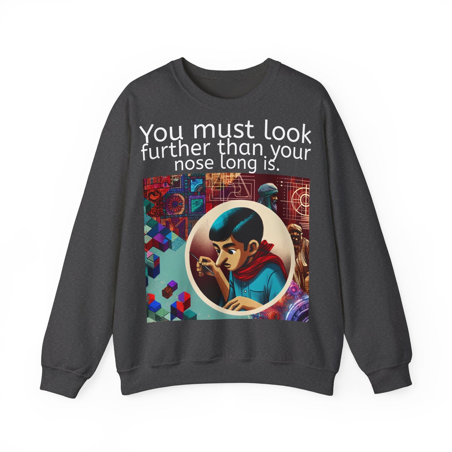 Grappige Unisex Katoenen/ Polyester Sweater Sweatshirt - Look further nose long - Pun Funny Dutch Shirt Language Gift Idea Spreekwoord Funny