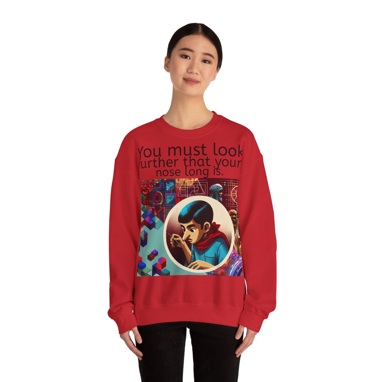 Grappige Unisex Katoenen/ Polyester Sweater Sweatshirt - Look further nose long - Pun Funny Dutch Shirt Language Gift Idea Spreekwoord Funny