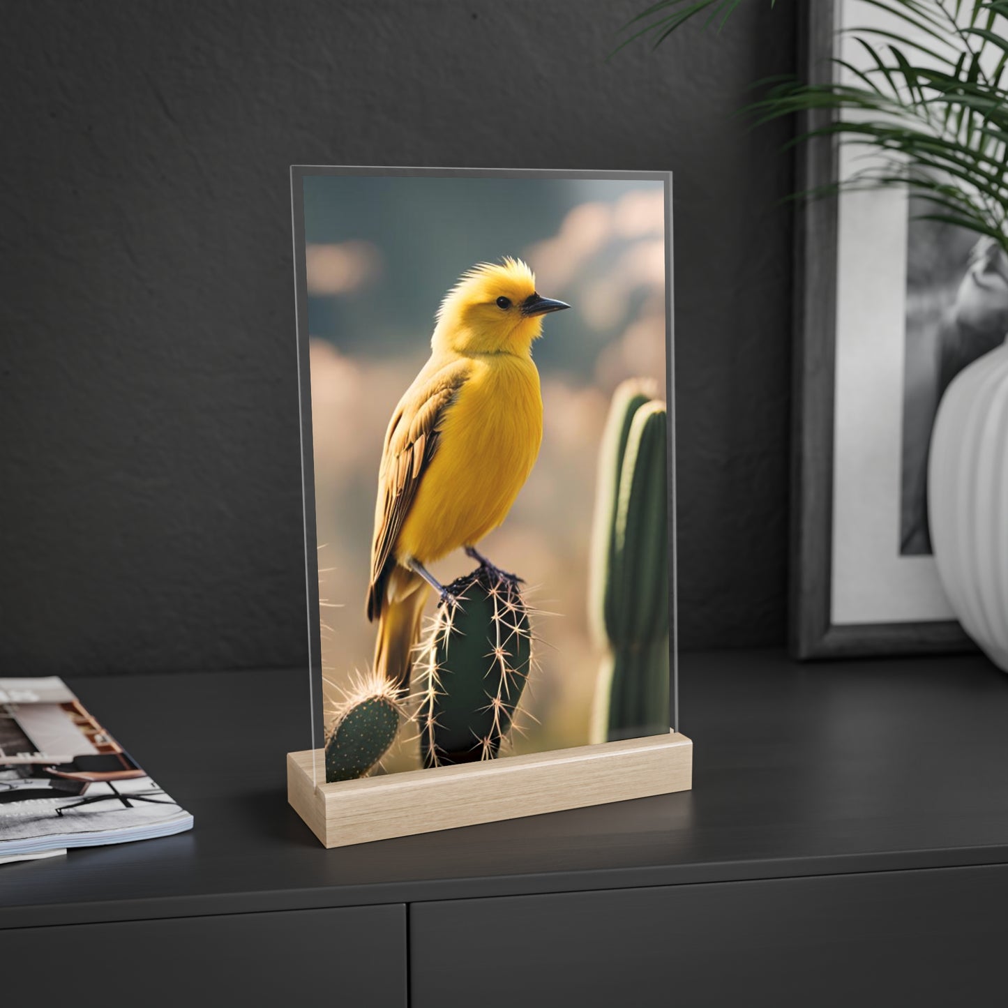 Acrylic Sign, Natural Bird Cacti Design, Home Office Decor Trend, Beautiful Country Style, Gift, Desk, Bureau Cadeu Idee Vogel Cactus