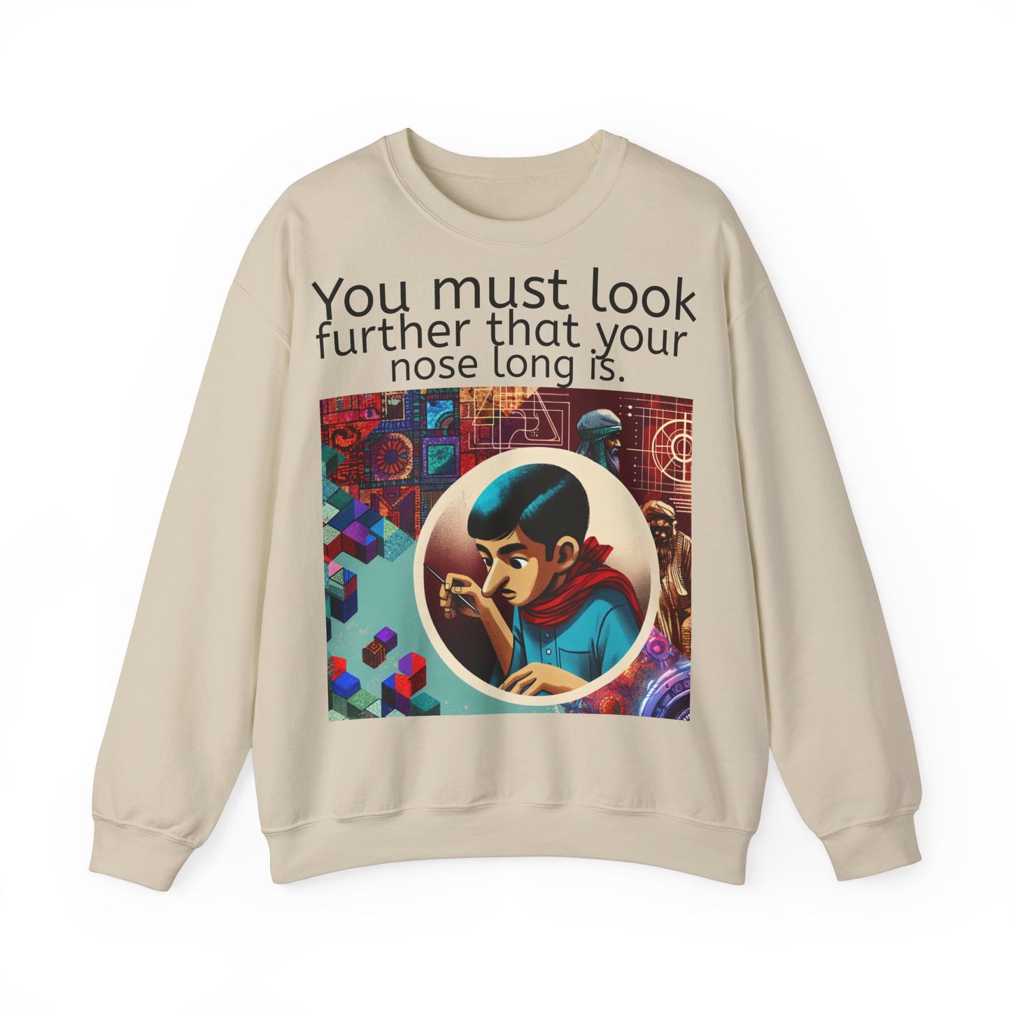 Grappige Unisex Katoenen/ Polyester Sweater Sweatshirt - Look further nose long - Pun Funny Dutch Shirt Language Gift Idea Spreekwoord Funny
