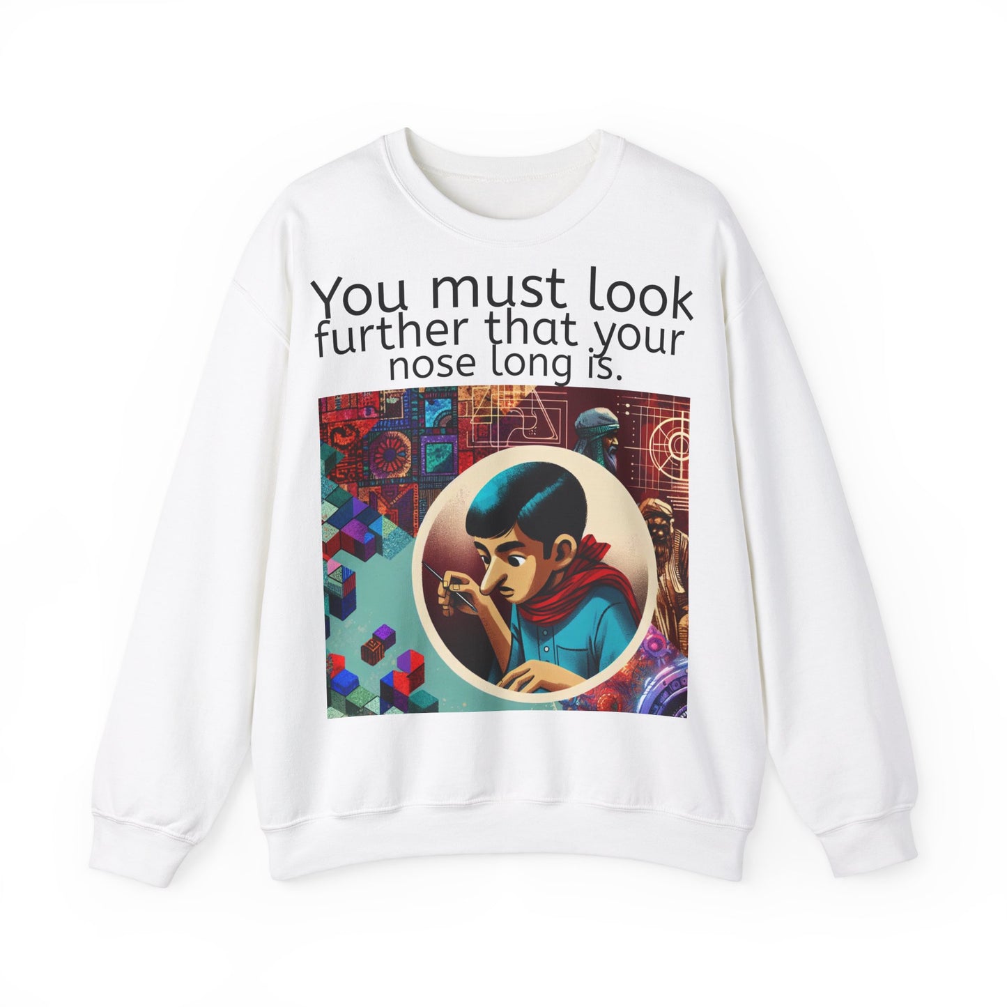 Grappige Unisex Katoenen/ Polyester Sweater Sweatshirt - Look further nose long - Pun Funny Dutch Shirt Language Gift Idea Spreekwoord Funny