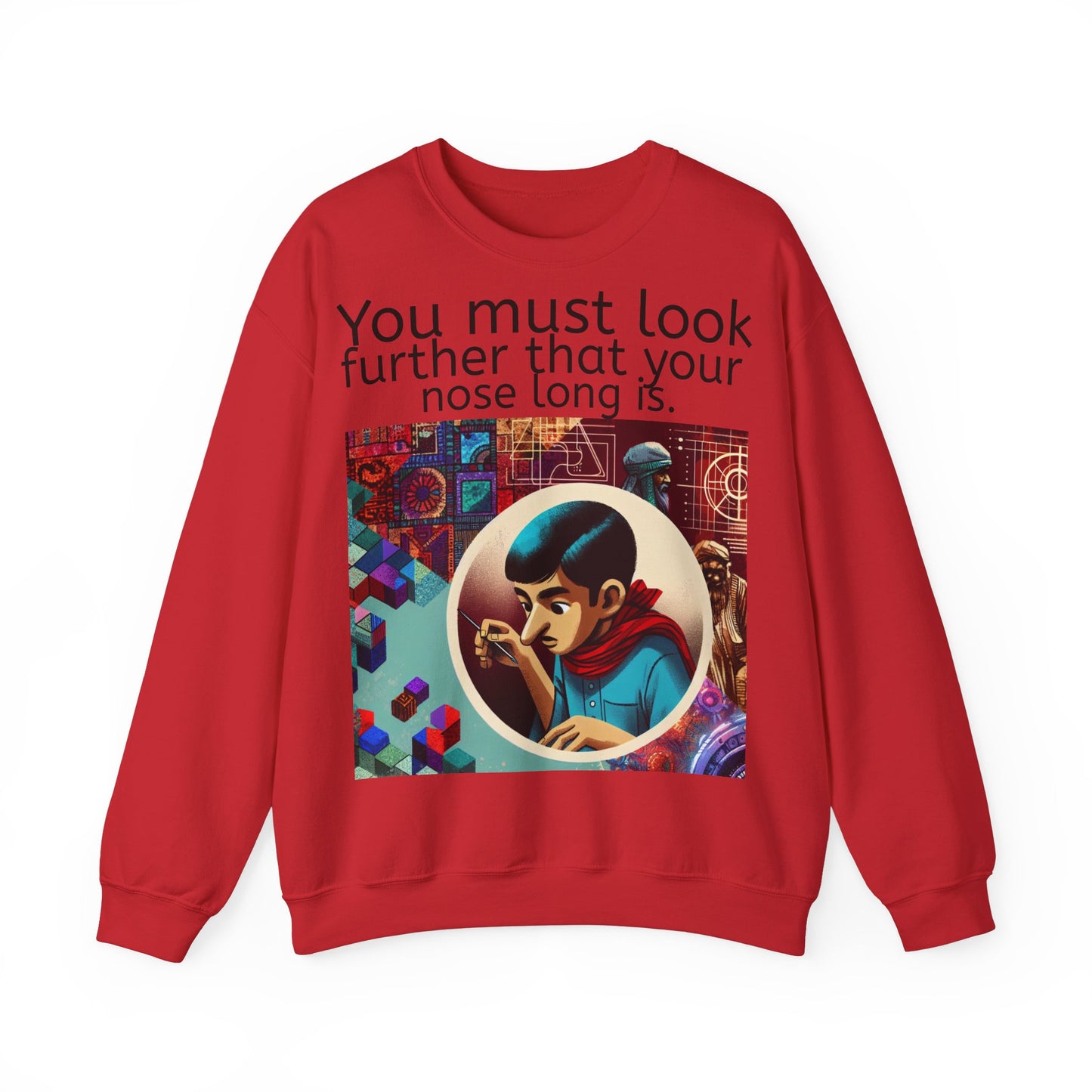 Grappige Unisex Katoenen/ Polyester Sweater Sweatshirt - Look further nose long - Pun Funny Dutch Shirt Language Gift Idea Spreekwoord Funny