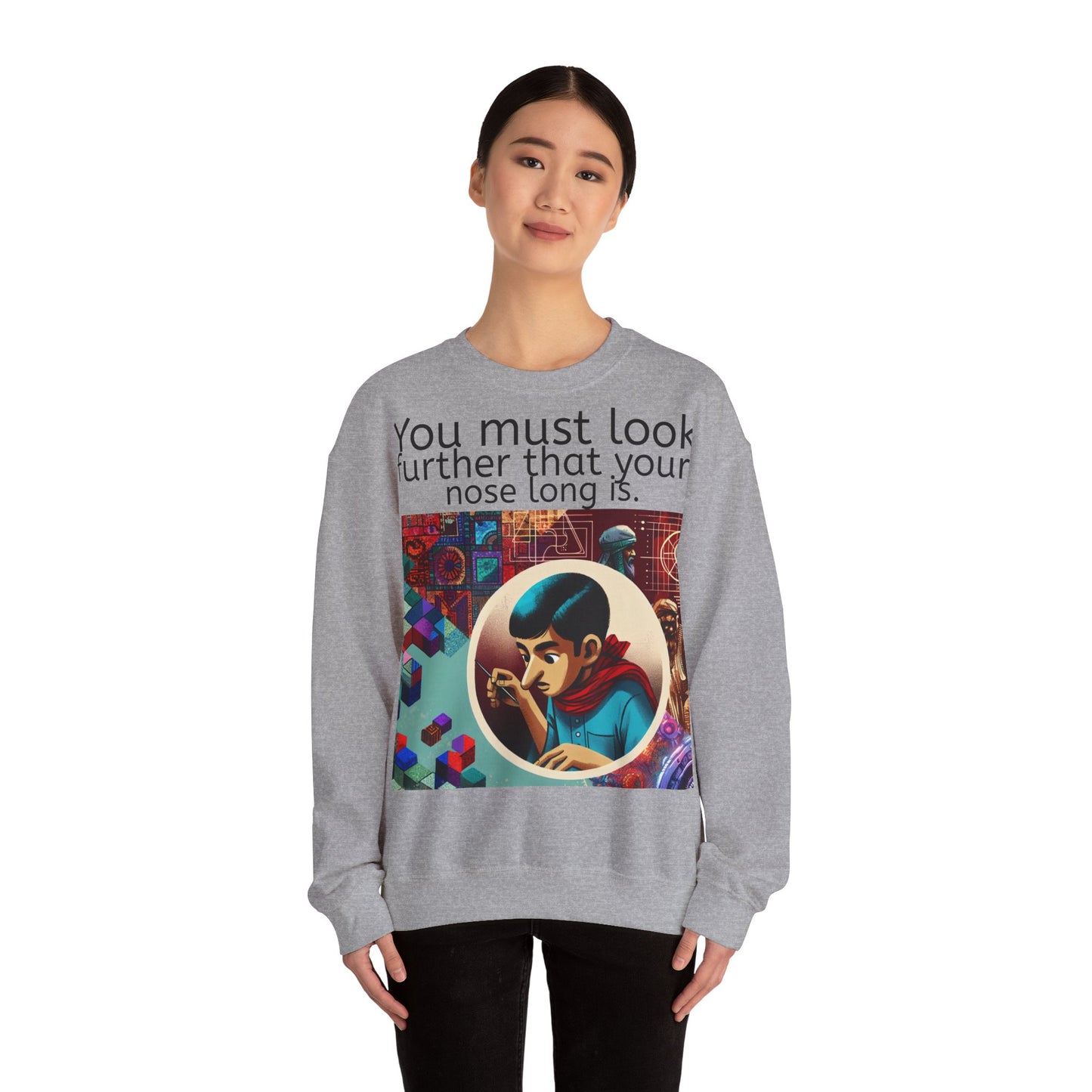 Grappige Unisex Katoenen/ Polyester Sweater Sweatshirt - Look further nose long - Pun Funny Dutch Shirt Language Gift Idea Spreekwoord Funny
