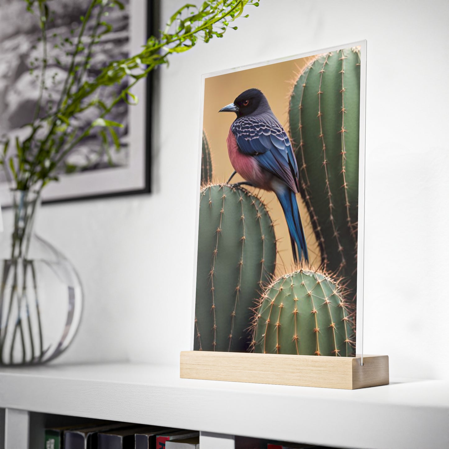 Acrylic Sign, Natural Bird Cacti Design, Home Office Decor Trend, Beautiful Country Style, Gift, Desk, Bureau Cadeu Idee Vogel Cactus