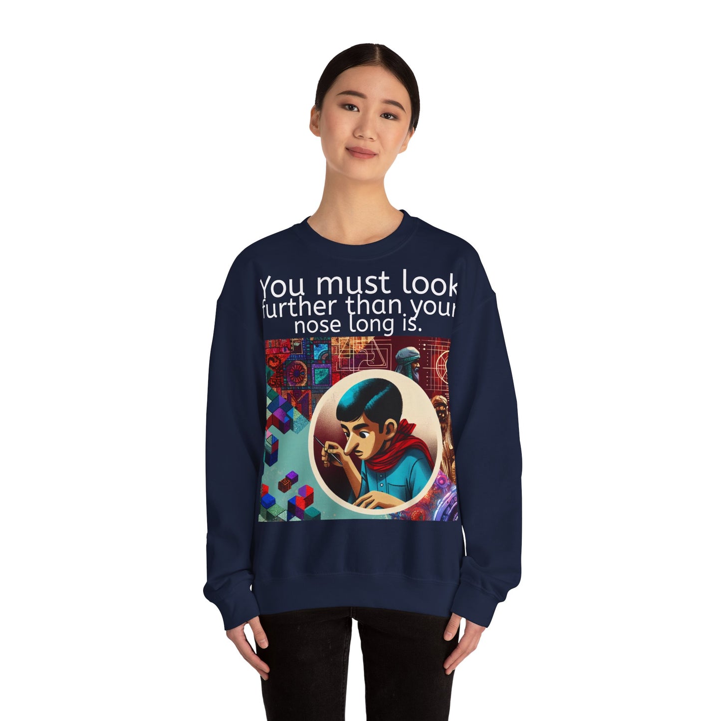 Grappige Unisex Katoenen/ Polyester Sweater Sweatshirt - Look further nose long - Pun Funny Dutch Shirt Language Gift Idea Spreekwoord Funny