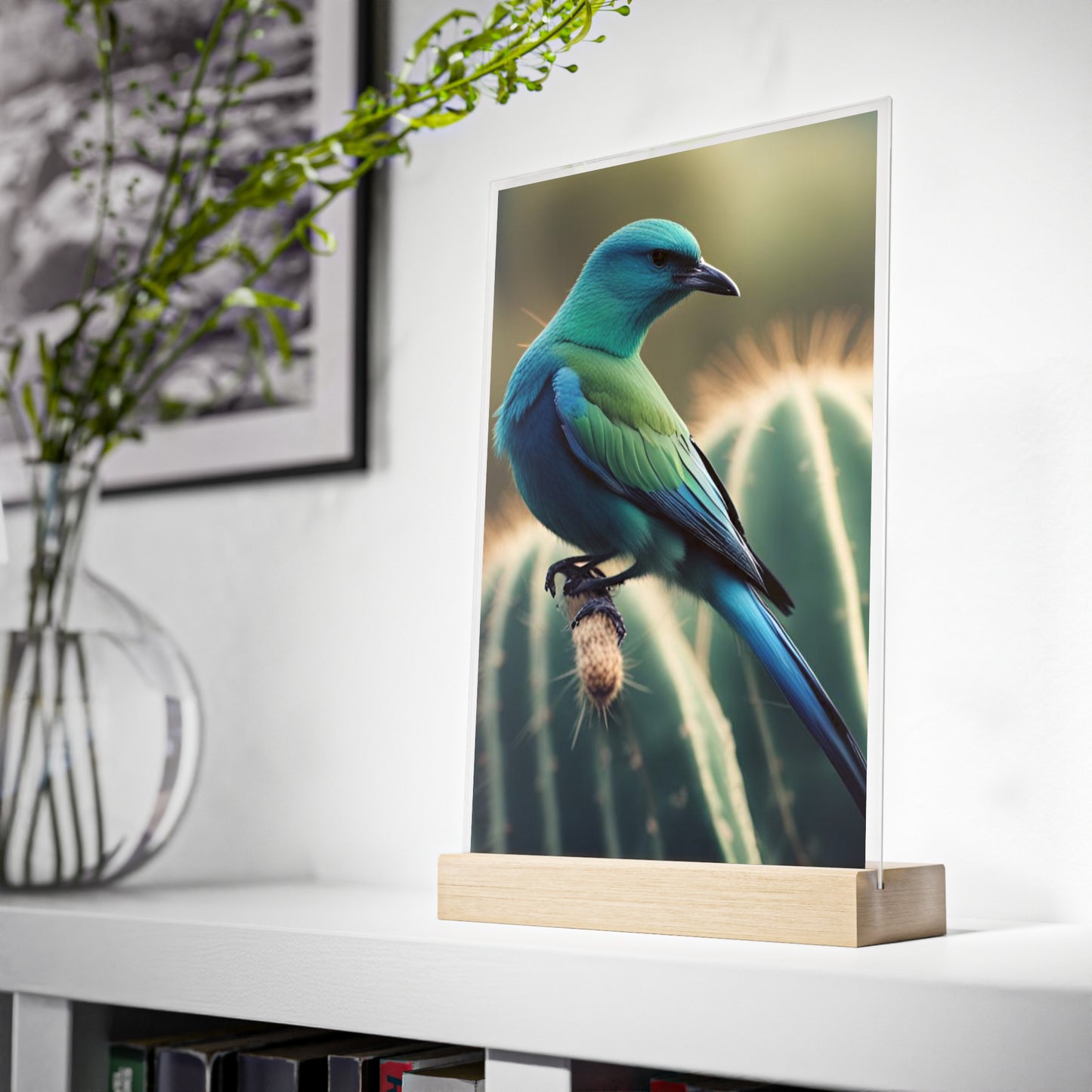 Acrylic Sign, Natural Bird Cacti Design, Home Office Decor Trend, Beautiful Country Style, Gift, Desk, Bureau Cadeu Idee Vogel Cactus