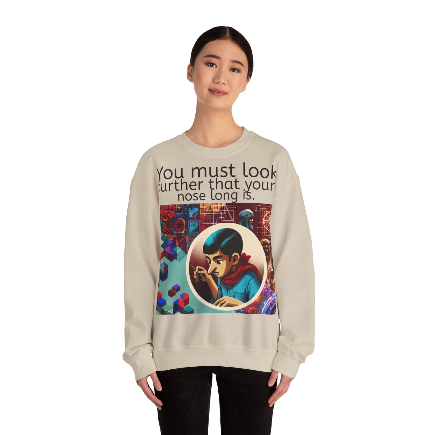 Grappige Unisex Katoenen/ Polyester Sweater Sweatshirt - Look further nose long - Pun Funny Dutch Shirt Language Gift Idea Spreekwoord Funny