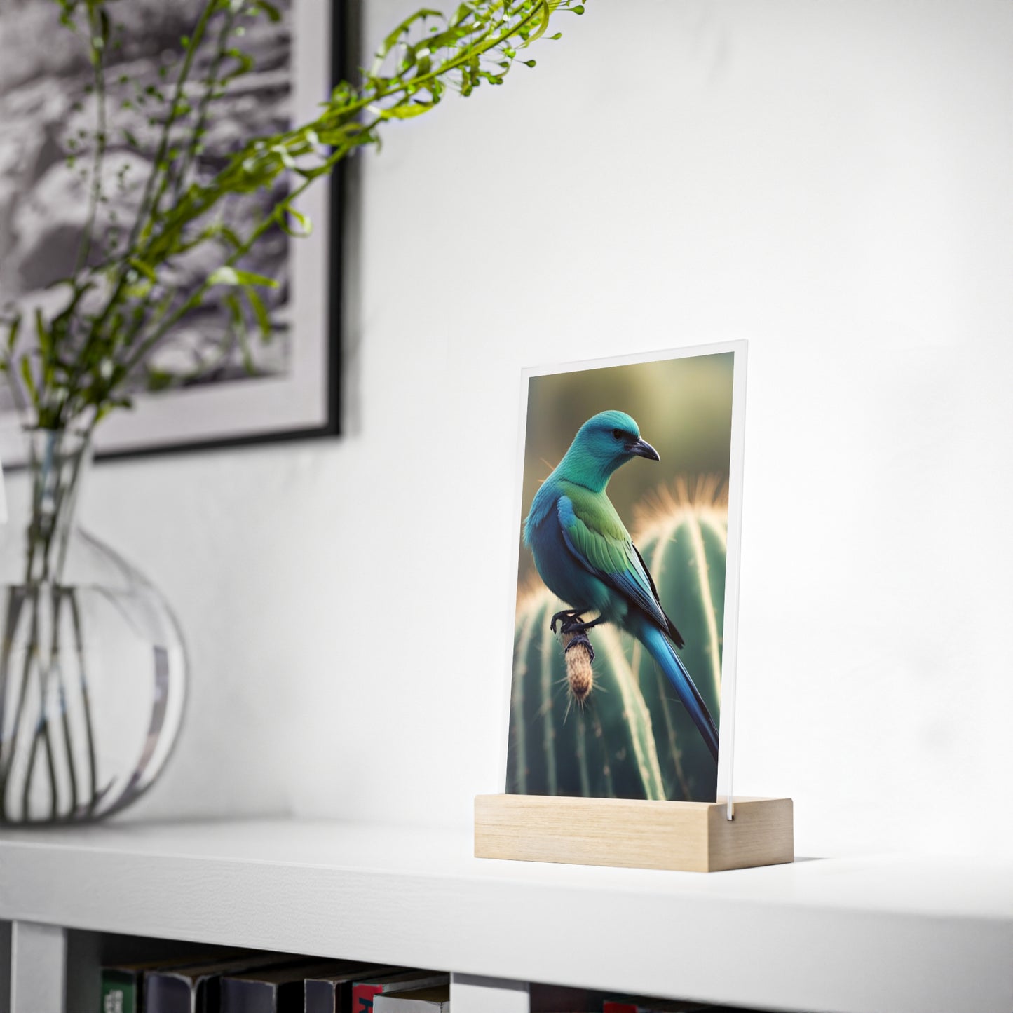 Acrylic Sign, Natural Bird Cacti Design, Home Office Decor Trend, Beautiful Country Style, Gift, Desk, Bureau Cadeu Idee Vogel Cactus