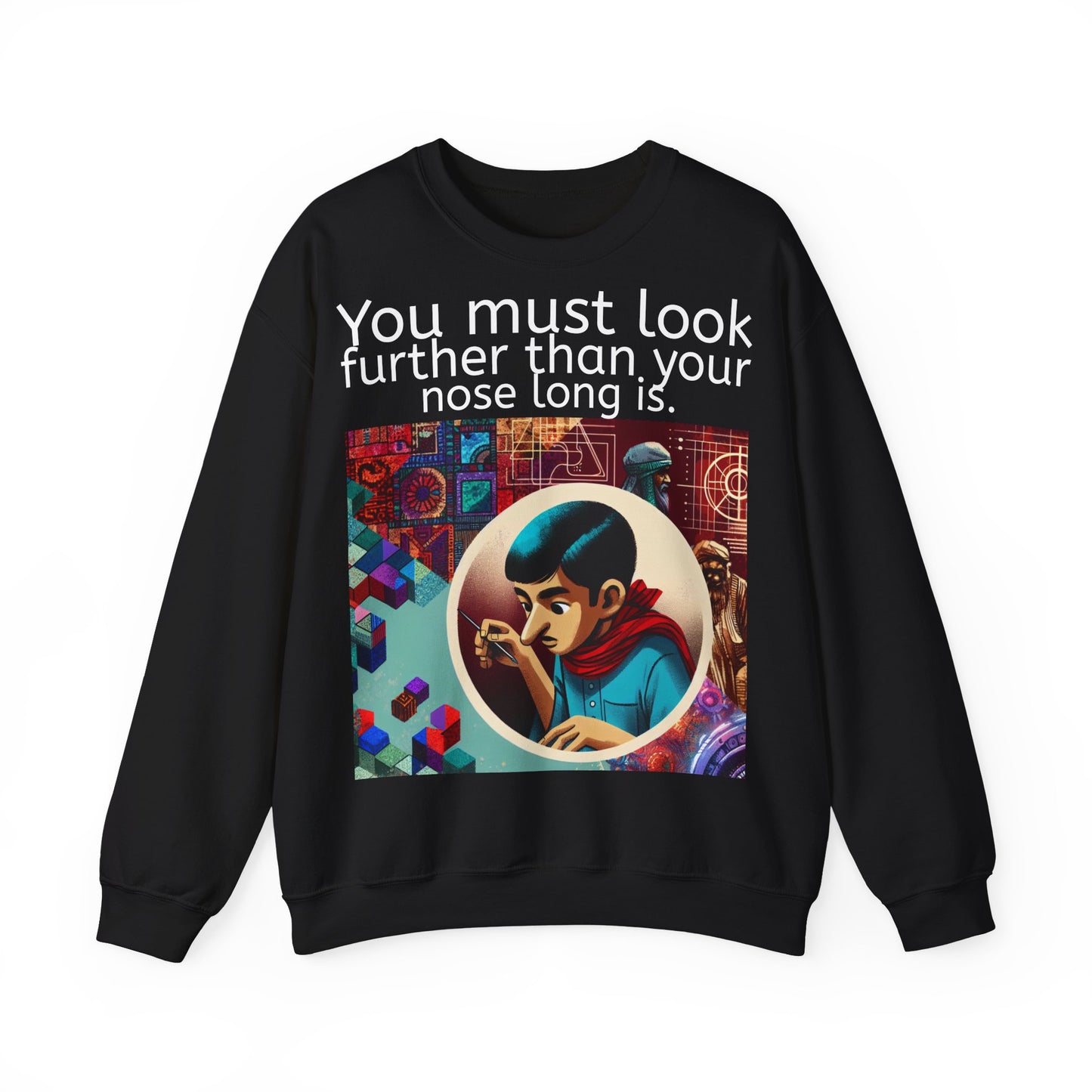 Grappige Unisex Katoenen/ Polyester Sweater Sweatshirt - Look further nose long - Pun Funny Dutch Shirt Language Gift Idea Spreekwoord Funny