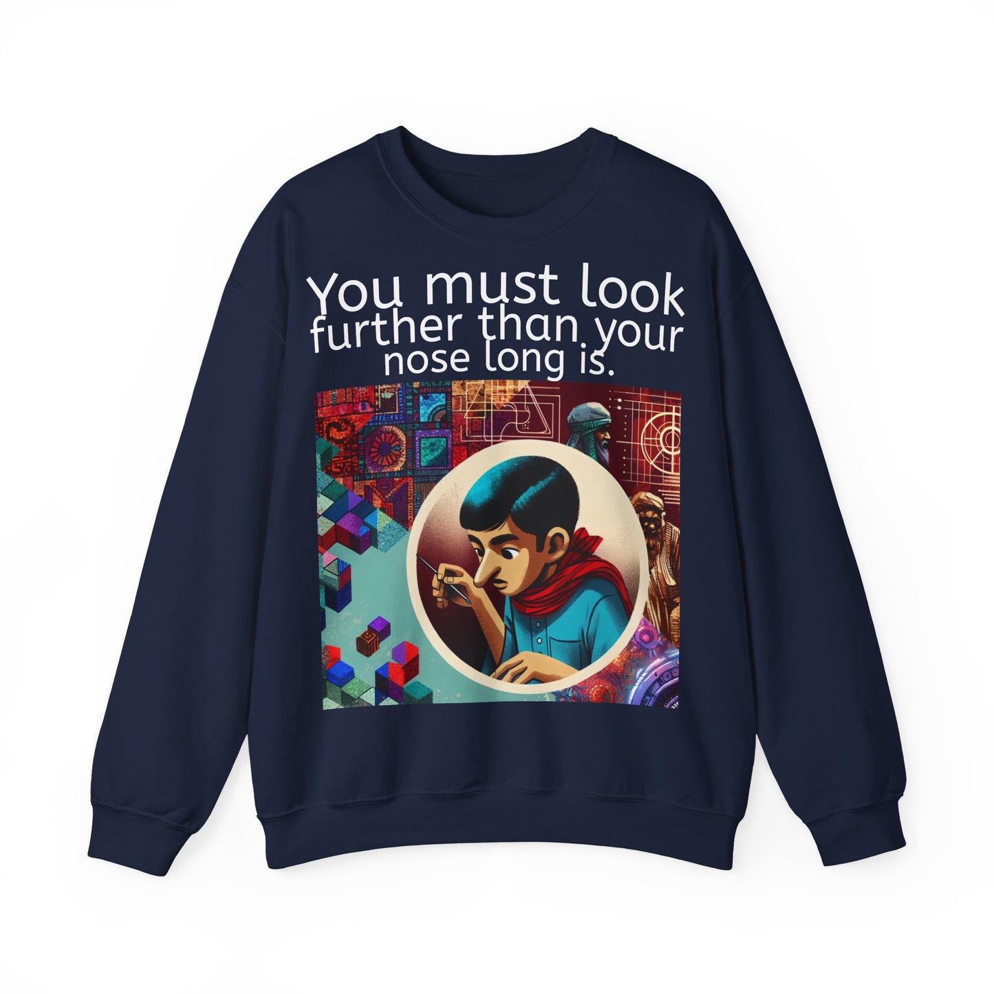 Grappige Unisex Katoenen/ Polyester Sweater Sweatshirt - Look further nose long - Pun Funny Dutch Shirt Language Gift Idea Spreekwoord Funny