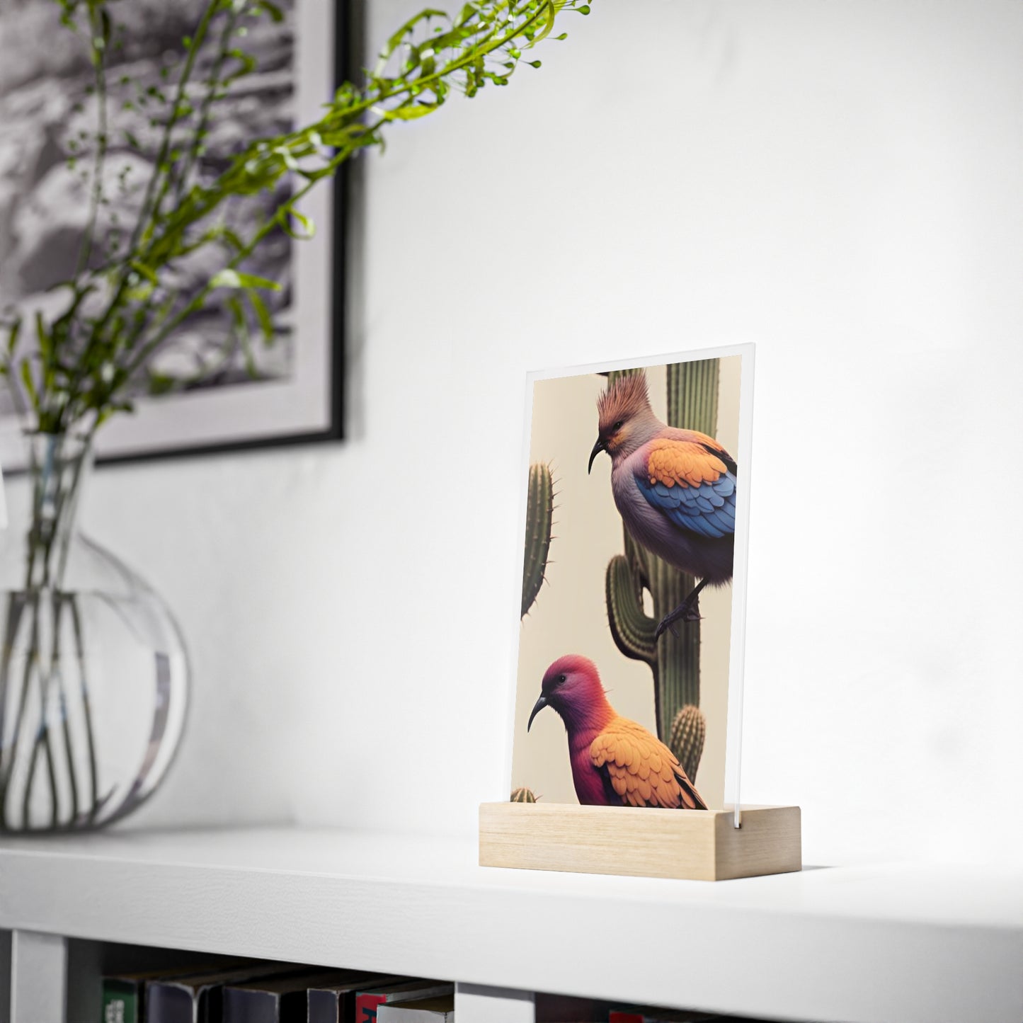 Acrylic Sign, Natural Bird Cacti Design, Home Office Decor Trend, Beautiful Country Style, Gift, Desk, Bureau Cadeu Idee Vogel Cactus