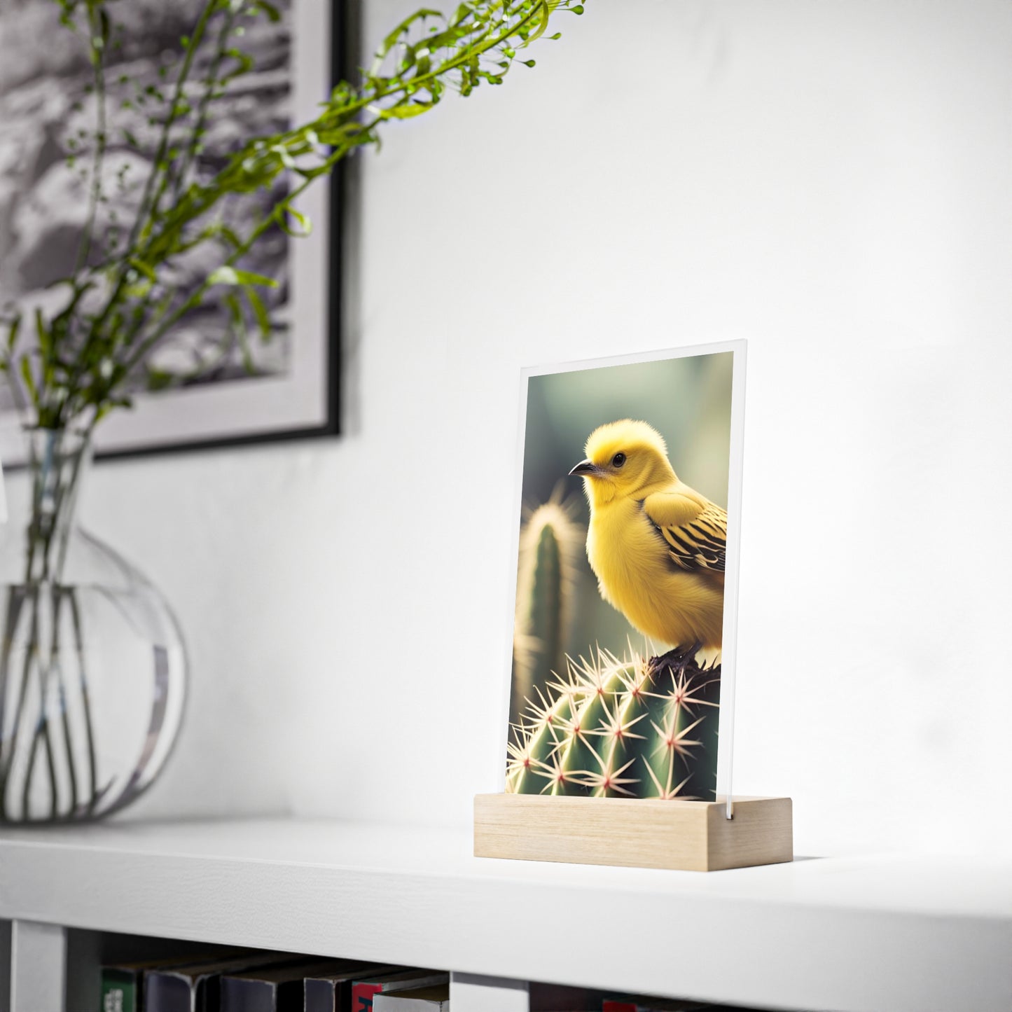 Acrylic Sign, Natural Bird Cacti Design, Home Office Decor Trend, Beautiful Country Style, Gift, Desk, Bureau Cadeu Idee Vogel Cactus