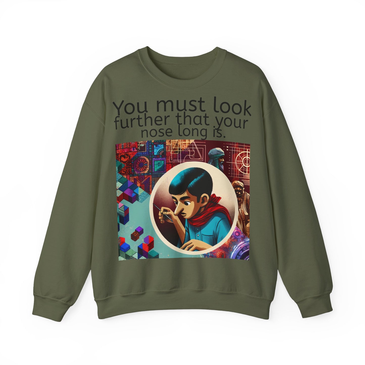 Grappige Unisex Katoenen/ Polyester Sweater Sweatshirt - Look further nose long - Pun Funny Dutch Shirt Language Gift Idea Spreekwoord Funny