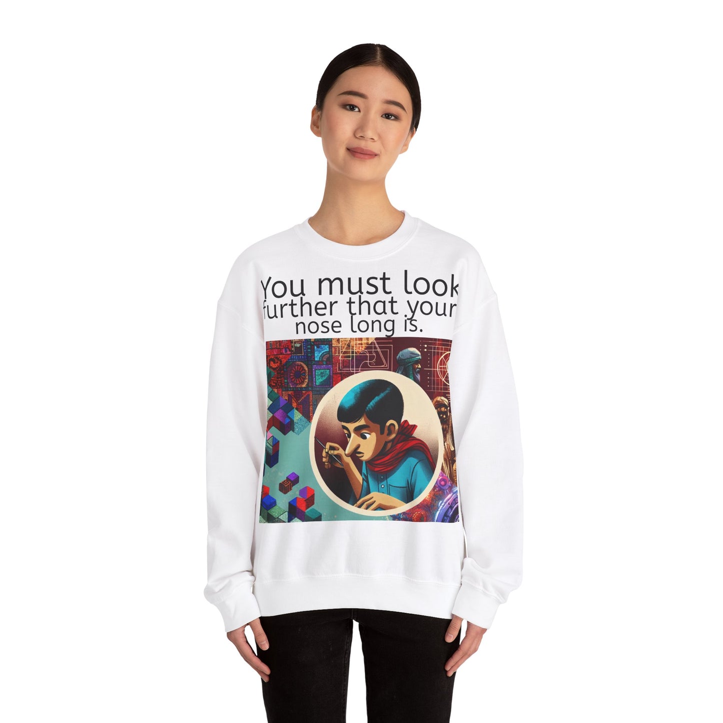 Grappige Unisex Katoenen/ Polyester Sweater Sweatshirt - Look further nose long - Pun Funny Dutch Shirt Language Gift Idea Spreekwoord Funny