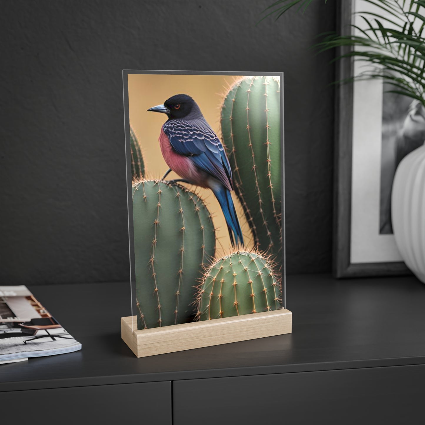 Acrylic Sign, Natural Bird Cacti Design, Home Office Decor Trend, Beautiful Country Style, Gift, Desk, Bureau Cadeu Idee Vogel Cactus