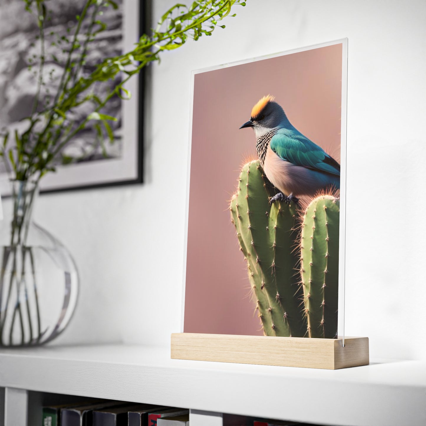 Acrylic Sign, Natural Bird Cacti Design, Home Office Decor Trend, Beautiful Country Style, Gift, Desk, Bureau Cadeu Idee Vogel Cactus