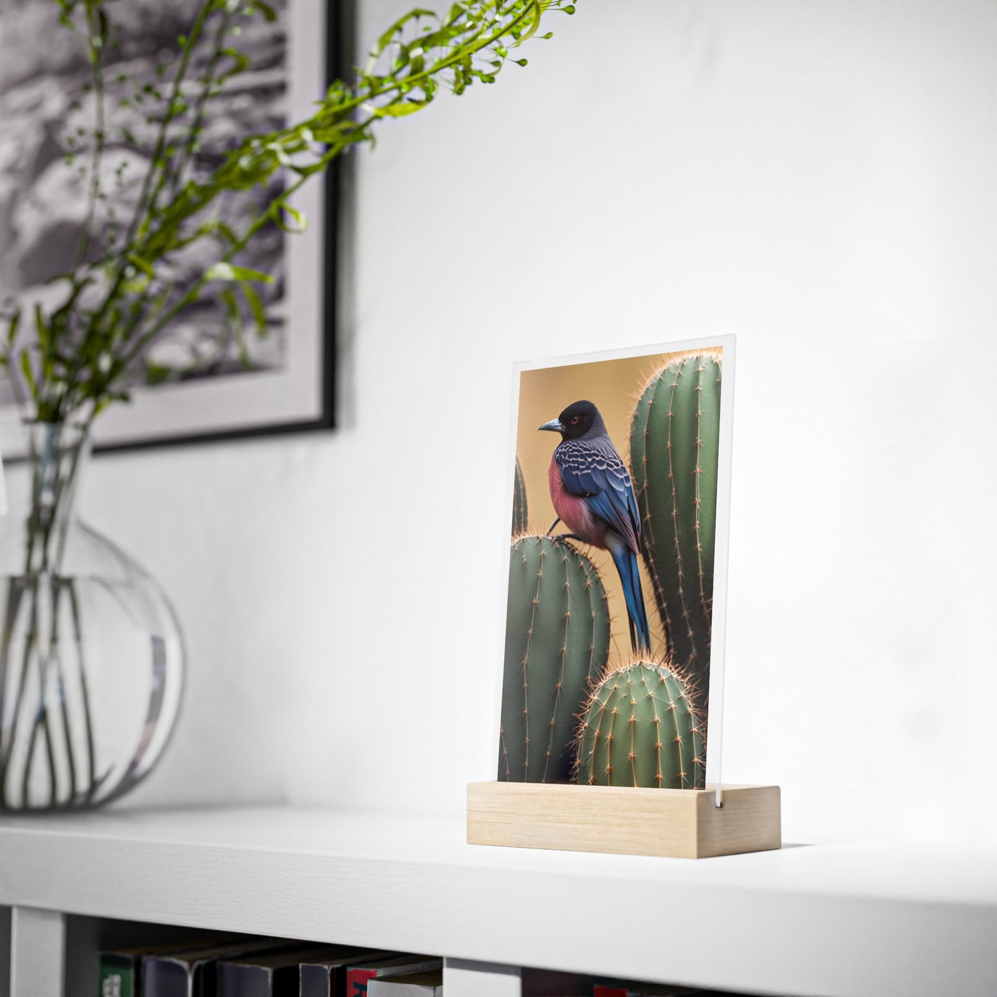 Acrylic Sign, Natural Bird Cacti Design, Home Office Decor Trend, Beautiful Country Style, Gift, Desk, Bureau Cadeu Idee Vogel Cactus