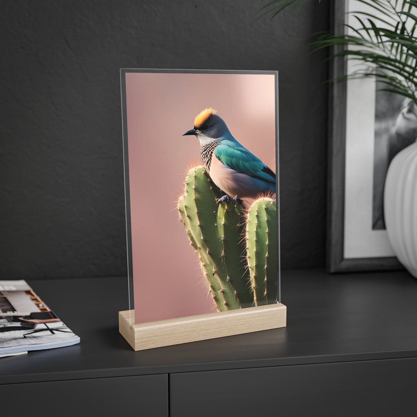 Acrylic Sign, Natural Bird Cacti Design, Home Office Decor Trend, Beautiful Country Style, Gift, Desk, Bureau Cadeu Idee Vogel Cactus