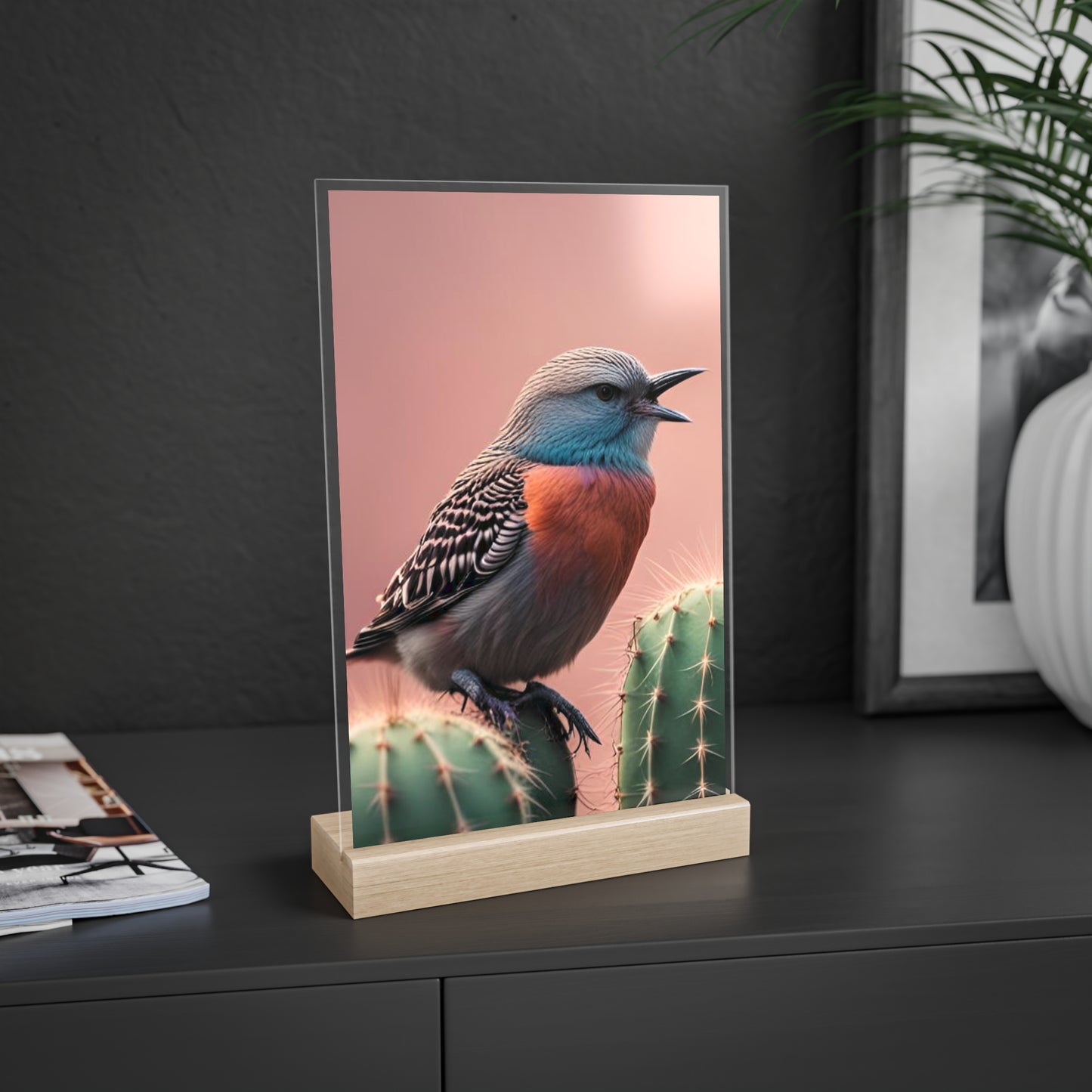 Acrylic Sign, Natural Bird Cacti Design, Home Office Decor Trend, Beautiful Country Style, Gift, Desk, Bureau Cadeu Idee Vogel Cactus