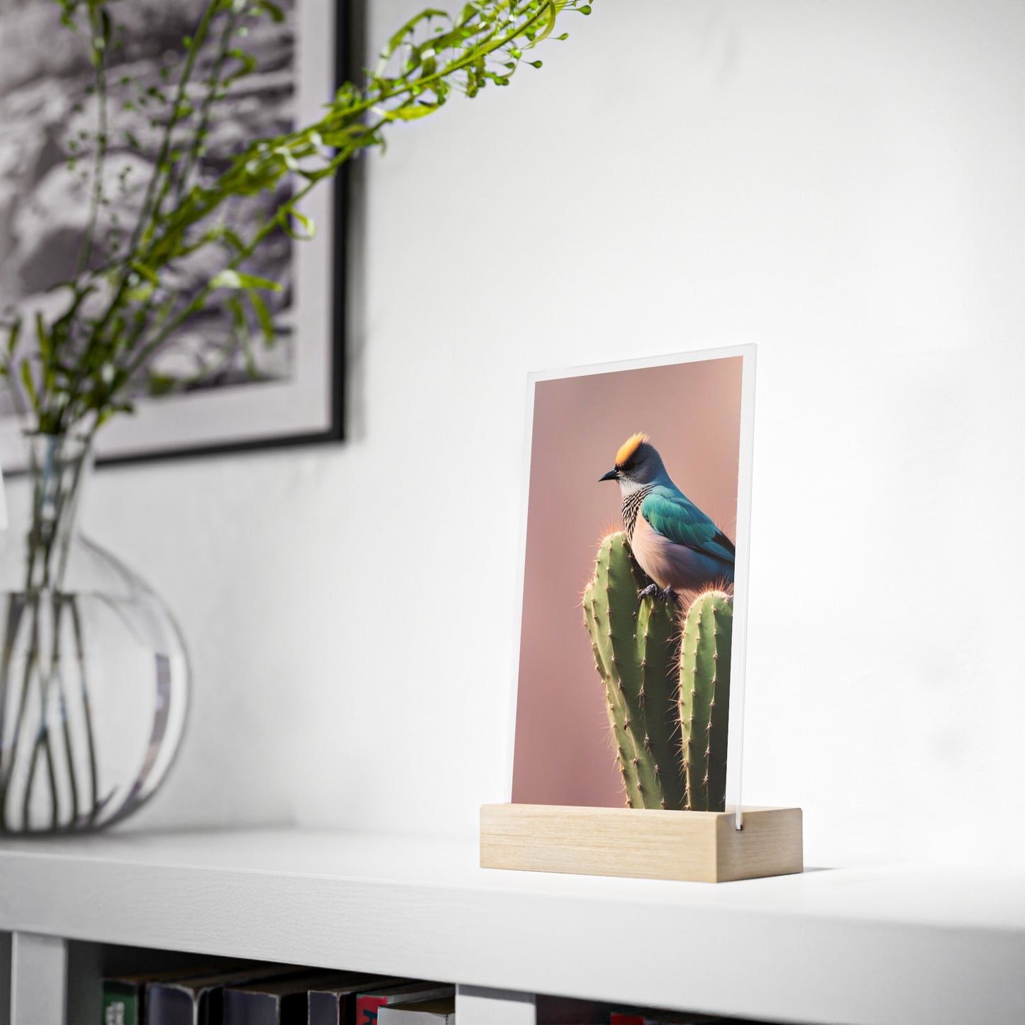 Acrylic Sign, Natural Bird Cacti Design, Home Office Decor Trend, Beautiful Country Style, Gift, Desk, Bureau Cadeu Idee Vogel Cactus