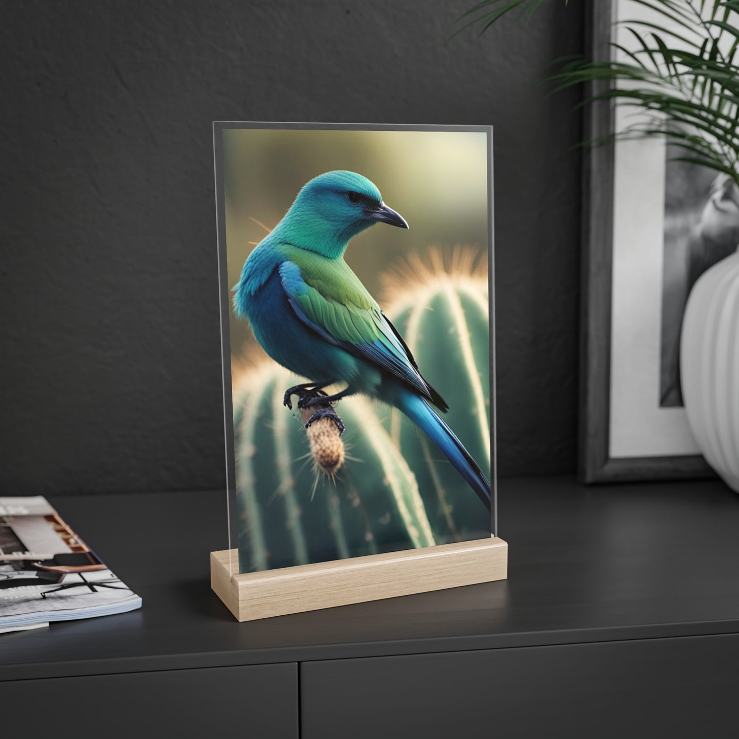 Acrylic Sign, Natural Bird Cacti Design, Home Office Decor Trend, Beautiful Country Style, Gift, Desk, Bureau Cadeu Idee Vogel Cactus