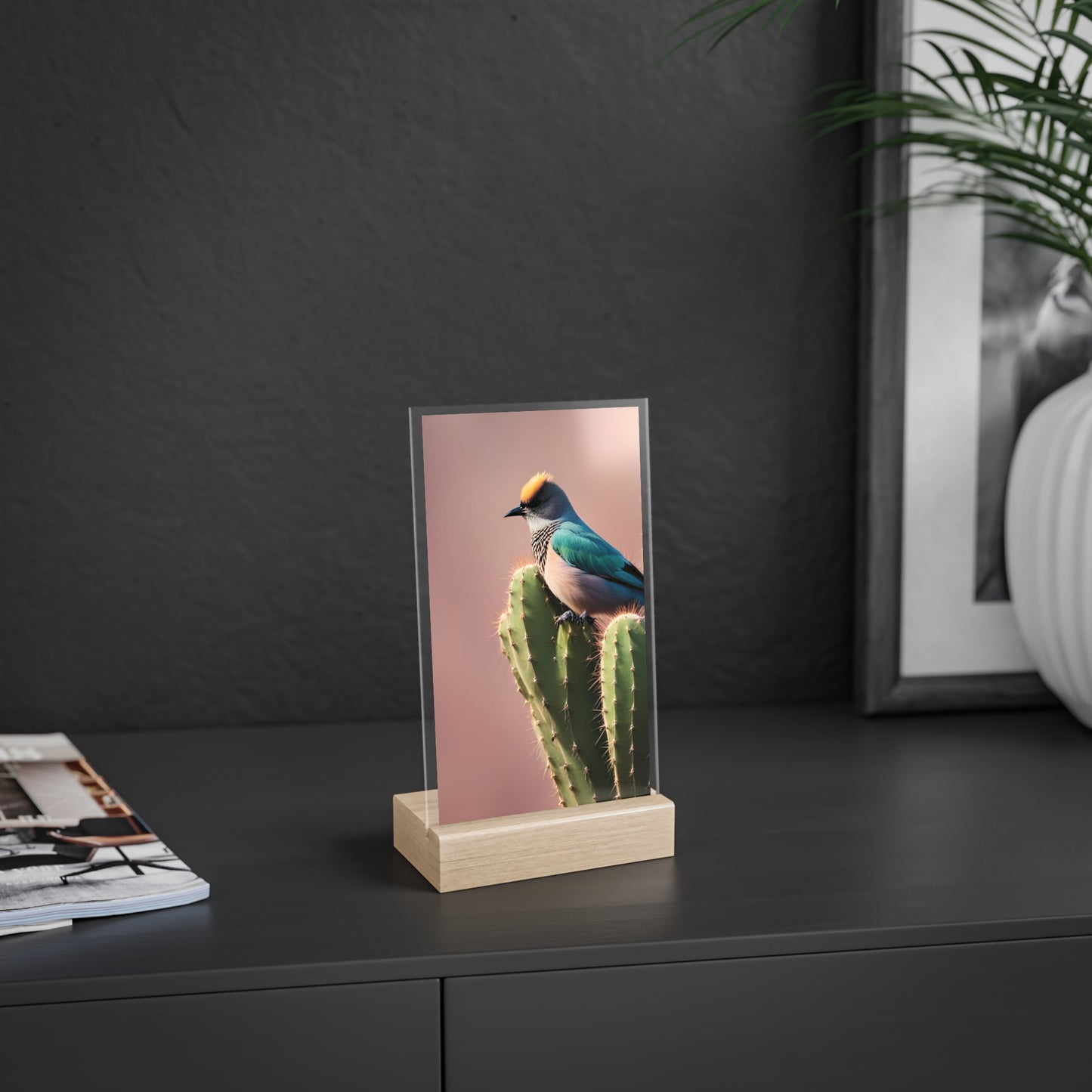 Acrylic Sign, Natural Bird Cacti Design, Home Office Decor Trend, Beautiful Country Style, Gift, Desk, Bureau Cadeu Idee Vogel Cactus